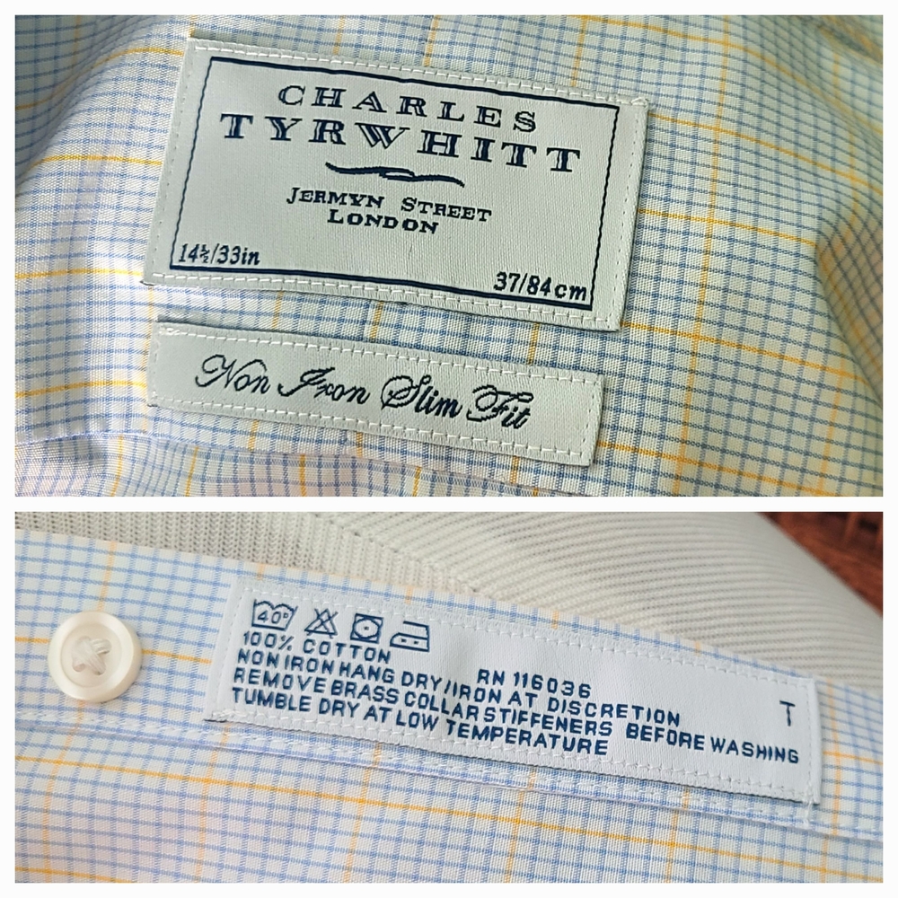 Charles Tyrwhitt Non Iron Slim Fit Check Button Down Shirt 14.5 33 Blue&Yellow